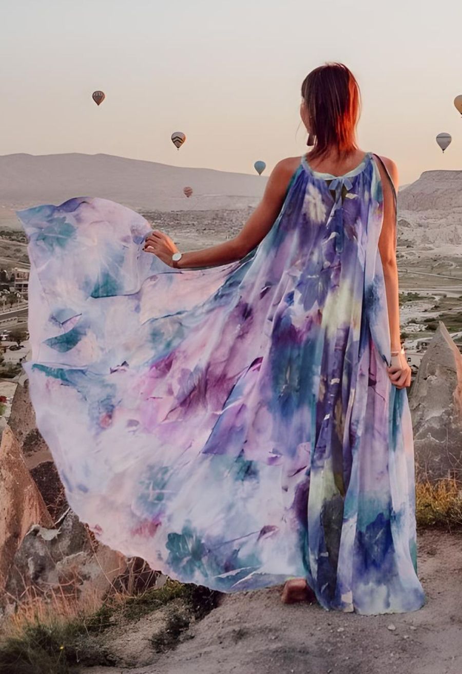 Floral Watercolor Maxi Slip Dress in Violet