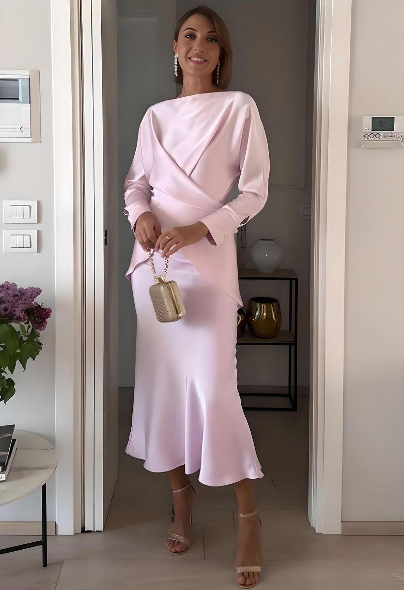 Boat Neck Crisscross Waist Satin Top in Pink