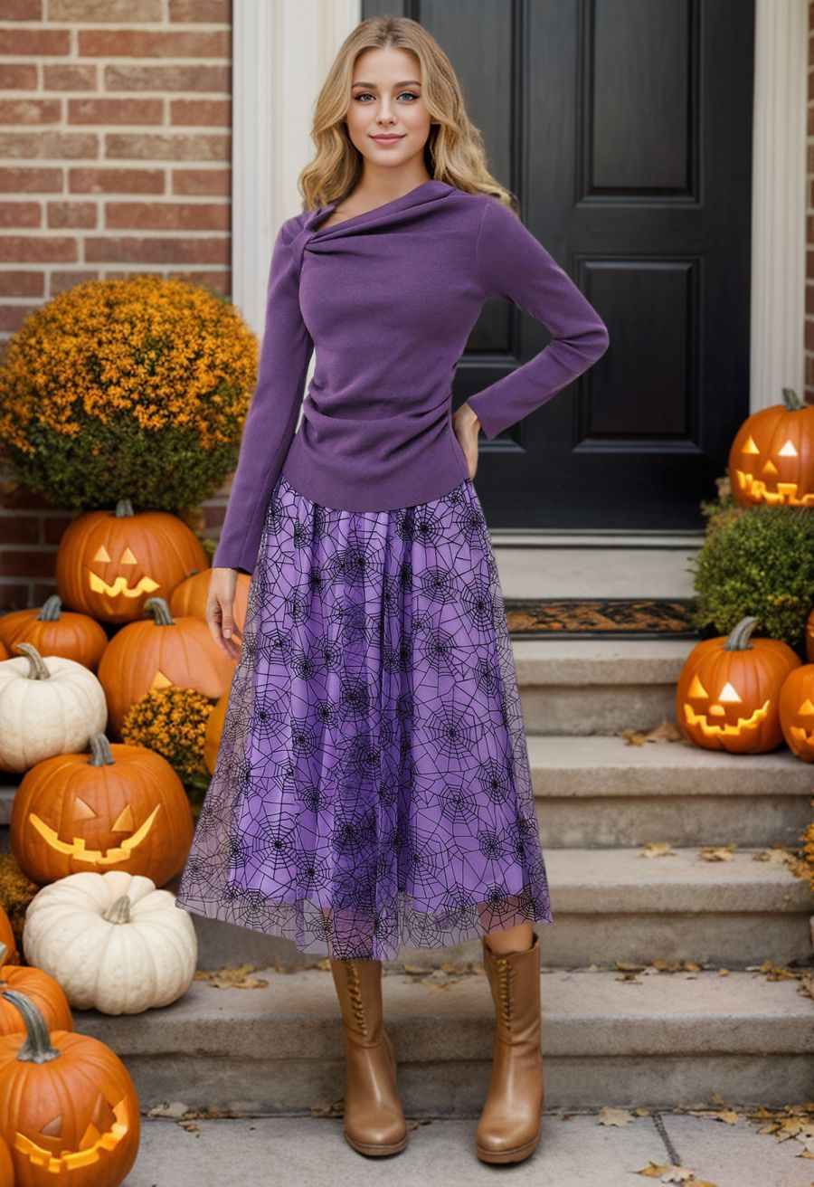 Cobweb Mystique Mesh Tulle Midi Skirt in Purple Halloween Costumes