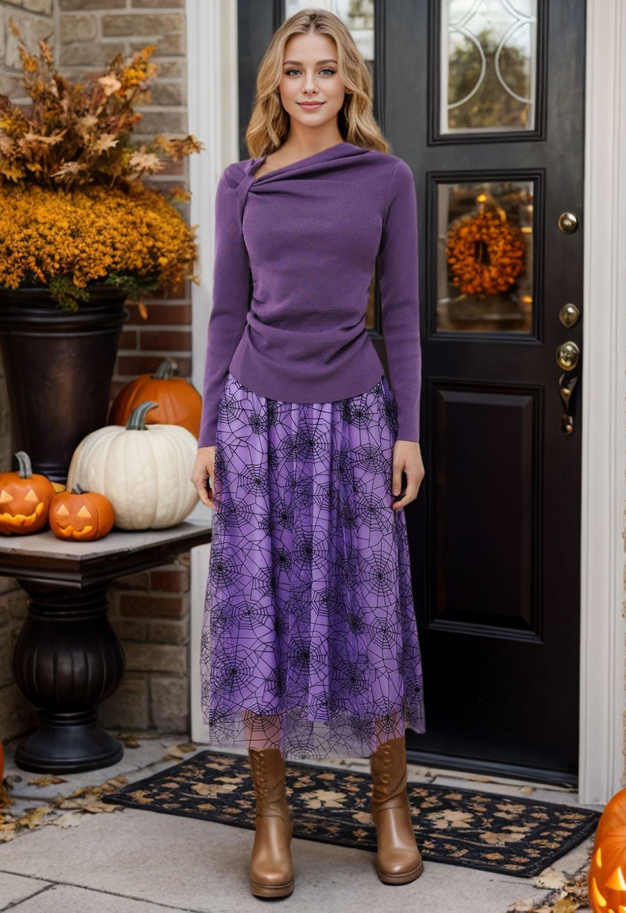 Cobweb Mystique Mesh Tulle Midi Skirt in Purple Halloween Costumes