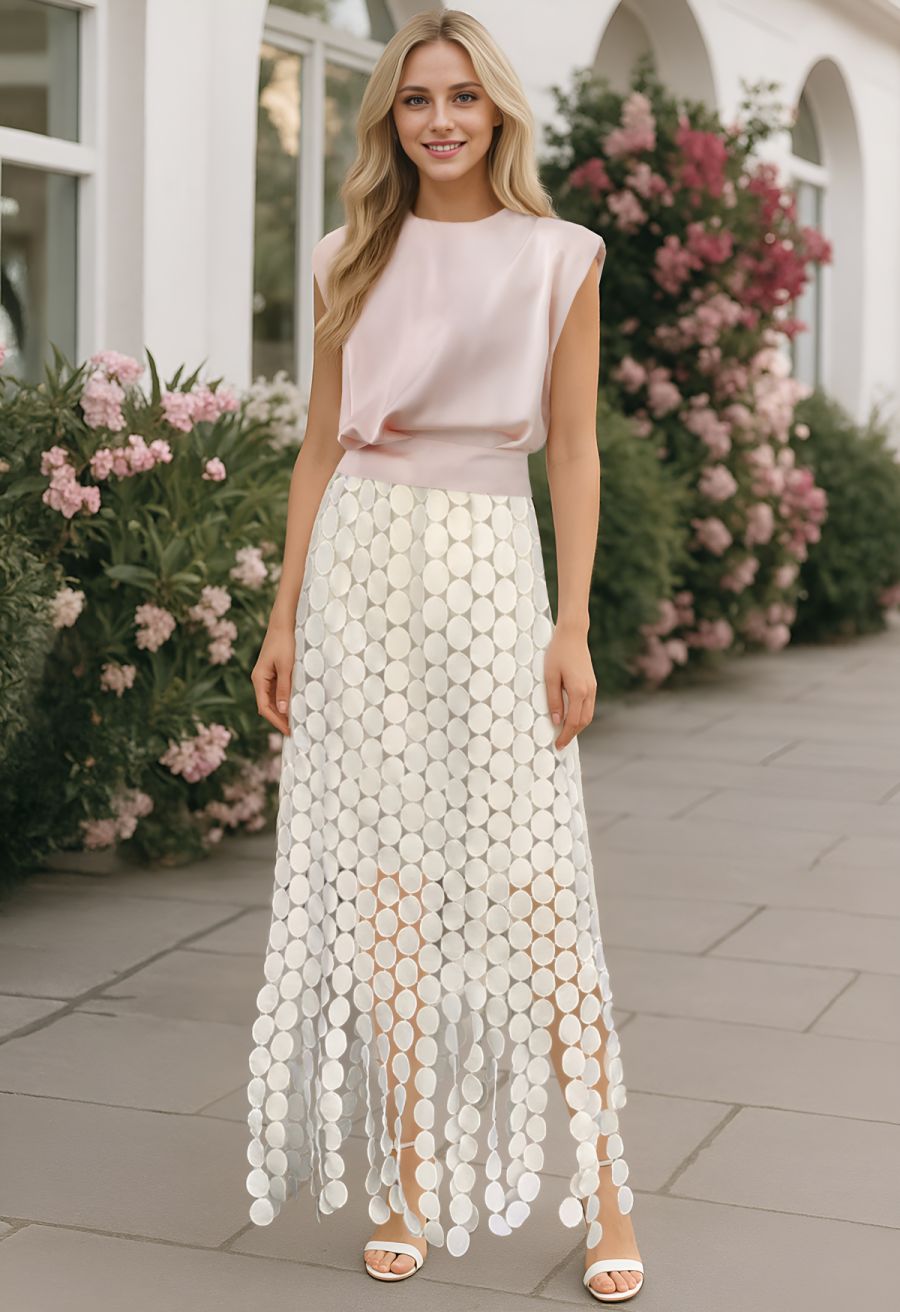 Chic Crochet Circle Fringe Maxi Skirt in Cream