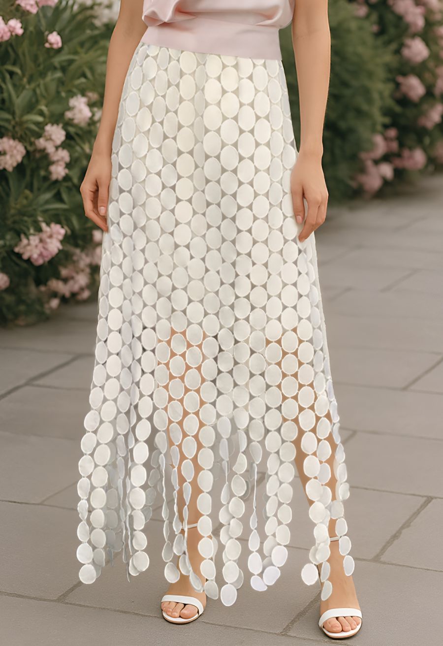 Chic Crochet Circle Fringe Maxi Skirt in Cream