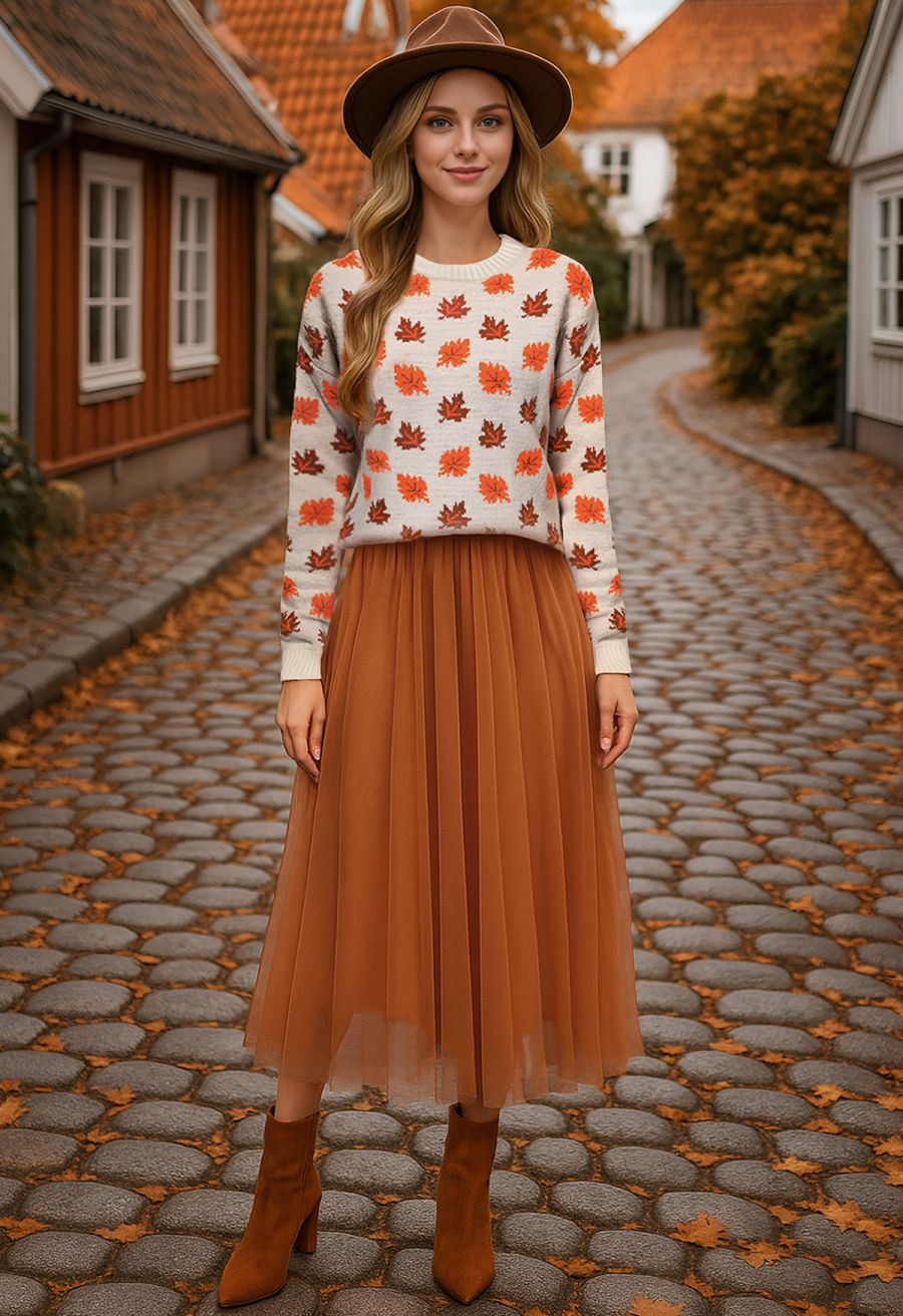 Maple Leaf Long Sleeves Oversized Knit Sweater in Ivory