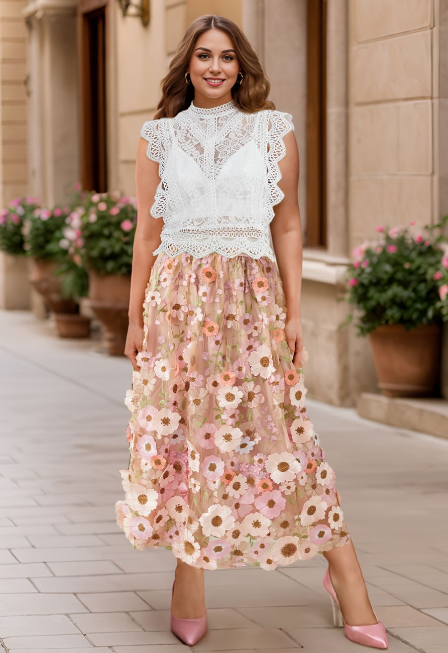 3D Floral Applique Mesh Tulle Maxi Skirt in Dusty Pink