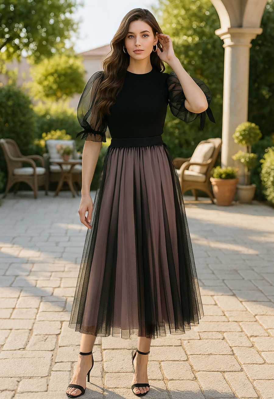 Organza Bubble Sleeves Knit Top in Black