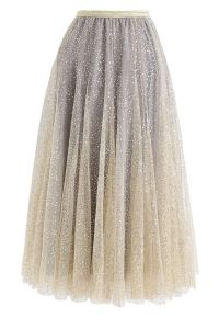 Shimmer Sequins Embroidered Mesh Tulle Pleated Skirt 