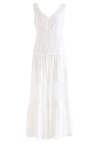 Crochet Trims Panelled Button Down Sleeveless Maxi Dress in White