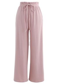 Drawstring Paper-Bag Waist Ribbed Yoga Pants in Pink