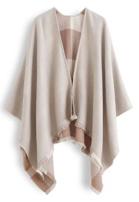 Single-Sided Check Print Reversible Poncho in Taupe