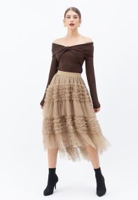 Ruffle Tiered Hi-Lo Mesh Tulle Skirt in Tan