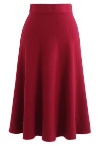 Textured Knit Flare Hem Knit Midi Skirt in Red
