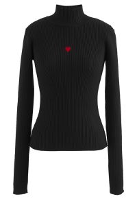 Little Heart High Neck Fitted Knit Top in Black