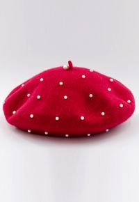 Handmade Pearl Wool Blend Beret Hat in Red
