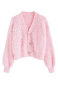 Bowknot Brooch Fuzzy Knit Cardigan in Pink