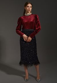 Velvet Sequined Feathered Hem Pencil Skirt in Black