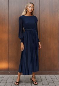 Full Pleated Belted Maxi Dress in Navy