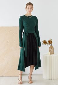Front Pleats Splicing Belted Hi-Lo Knit Dress in Dark Green