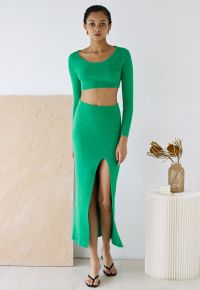 Knitted Crop Top and High Slit Maxi Skirt Set in Green