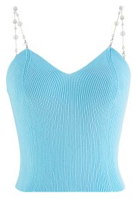 Cropped Knit Pearly Tank Top in Baby Blue