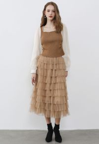 Glitter Swan Cloud Midi Skirt in Light Tan