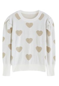 Metallic Heart Puff Shoulder Knit Sweater in Ivory