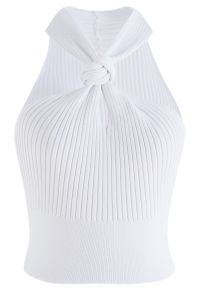 Knot Halter Neck Knit Crop Top in White