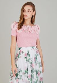 Ruffle Mesh Boat Neck Knit Top in Pink