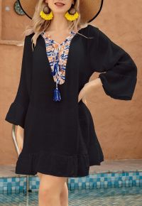 Boho Contrast Crochet Cover Up in Black