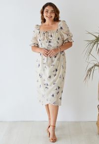 Seagull Print Square Neck Midi Dress