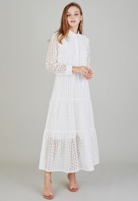 Pure White Floral Cutwork Frilling Maxi Dress