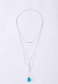 Turquoise Feather Pendant Multi-Layered Necklace in Silver