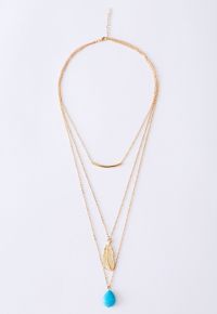 Turquoise Feather Pendant Multi-Layered Necklace in Gold
