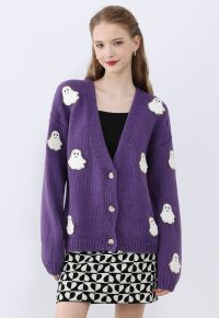 Halloween Ghost Patch Buttoned Knit Cardigan in Purple Halloween Costumes