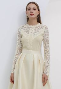 Ethereal Floral Lace Spliced Knit Top in Cream