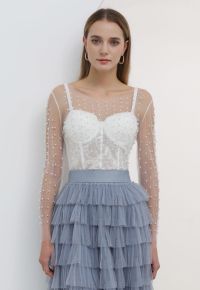 Full Pearl Embellished Sheer Mesh Top in White