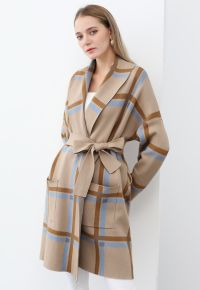 Collared Grid Pattern Tie Waist Knit Coat