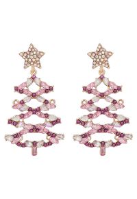 Hollow Out Christmas Tree Rhinestone Earrings in Pink