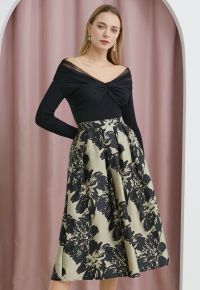Striking Floral Jacquard Pleated Midi Skirt