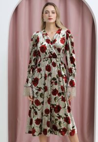 Rose Print Faux-Wrap Velvet Midi Dress
