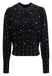 Pearl Embellished Puff Sleeve Knit Sweater in Black