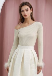 One-Shoulder Feathered Cuffs Knit Top in Cream