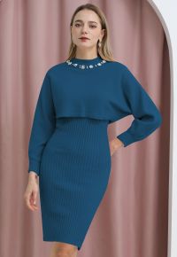 Pearl Neckline Ribbed Knit Twinset Dress in Indigo