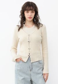 Hook Fastening Ribbed Knit Cardigan in Cream