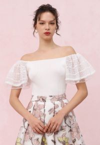 Cutwork Lace Flutter Sleeves Spliced Knit Top in White