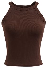 Ribbed Texture Halter Neck Crop Top in Brown