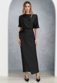Satin Short-Sleeve Wrapped Waist Maxi Dress in Black