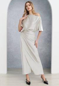 Satin Short-Sleeve Wrapped Waist Maxi Dress in Ivory