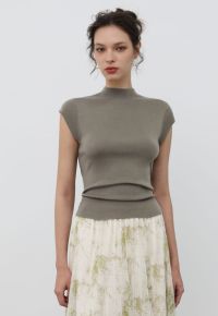 Back Drawstring Waist Mock Neck Knit Top in Sage