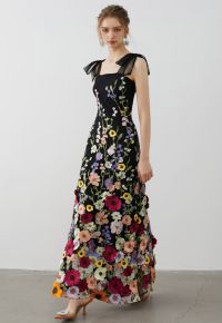 3D Floral Applique Tie-Strap Mesh Tulle Maxi Dress in Black