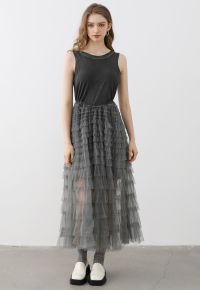 Tiered Mesh Spliced Sleeveless Maxi Dress in Smoke